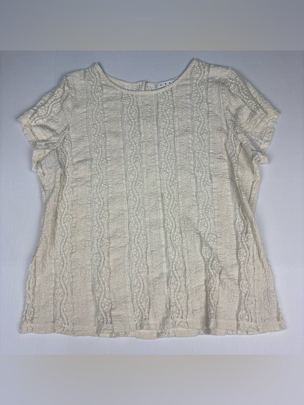 Cabi Women XL Shirt Cream Lace See Thru Short Sleeve Cotton Nylon Spandex Boho